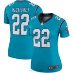 ropa NFL carolina panthers christian mccaffrey nike color azul rush leyenda jugador camiseta mujer 20DRH3905